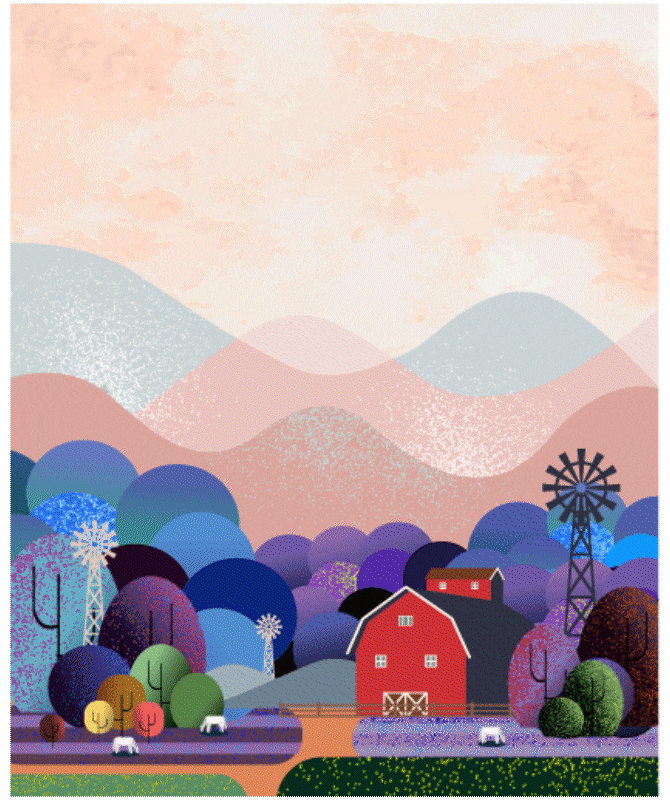 Paysage agricole animé aux couleurs pastel