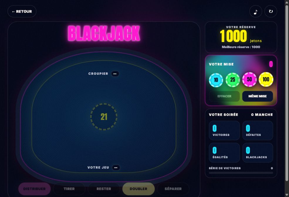 Aperçu du jeu Blackjack avec sa table et ses jetons néon
